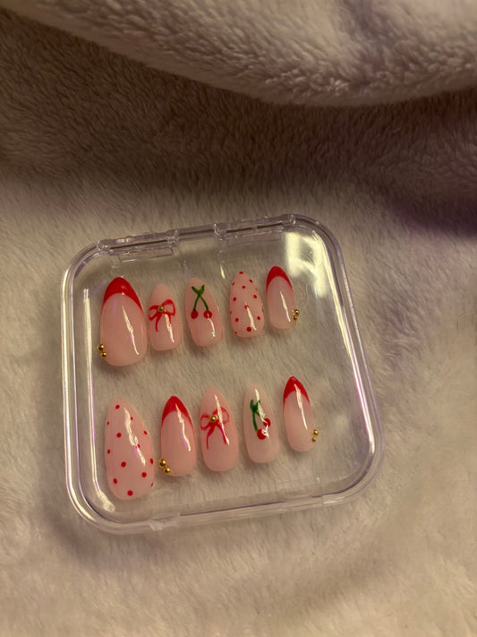 🍒 Cherry Bow Press-On Nail Set 🎀